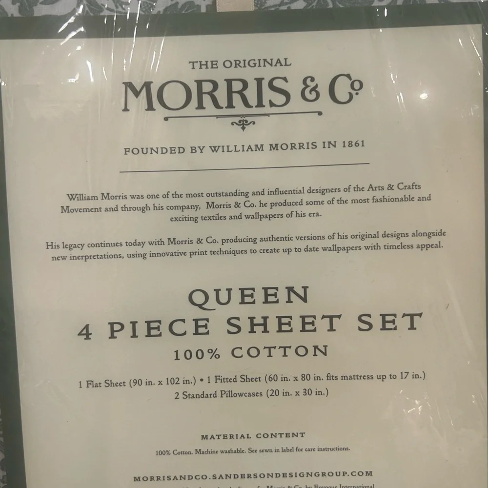 WILLIAM MORRIS & Co Green White Leaves Acorns  QUEEN SHEET SET 4 PC NEW